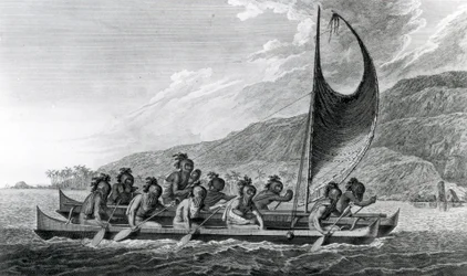 Une pirogue des îles Sandwich, avec les rameurs masqués, 1784
